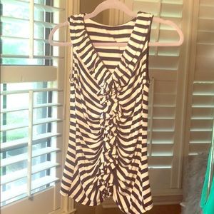 Express blue and white striped top w/ruffle front